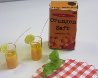 Tüte Orangensaft & 2 Gläser  / Miniatur Puppensube Fimo