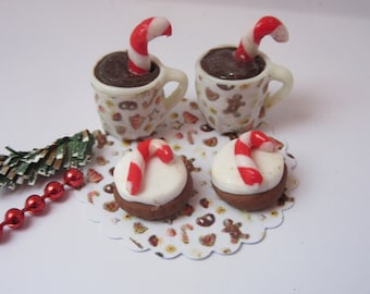 2 tasses & cupcakes avec canne en bonbon / Gnome miniature de Noël en pâte polymère