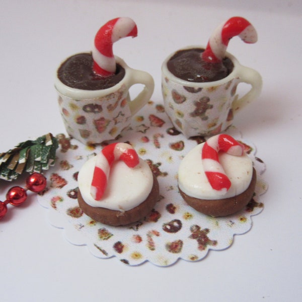 2 tasses & cupcakes avec canne en bonbon / Gnome miniature de Noël en pâte polymère