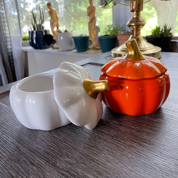 Glazed ceramic pumpkin trinkets with lids, orange or white pumpkin