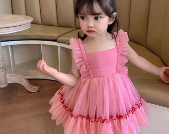 Pink tutu dress girls fluffy dress 1st birthday dress princess dress pink dress for girls baby girl dress photo shoot toddler dress