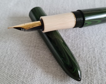 N2S Nikko (Ripple Black and Green) Ebonite With Ivory Section Handmade Fountain Pen