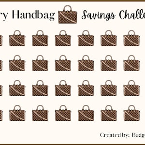 Puede incluir: Un gráfico de desafío de ahorro con un gráfico de bolso de mano marrón y beige. El gráfico tiene 36 imágenes de bolsos de mano para colorear a medida que ahorras para alcanzar tu objetivo. El texto en la parte superior dice "Luxury Handbag Savings Challenge".