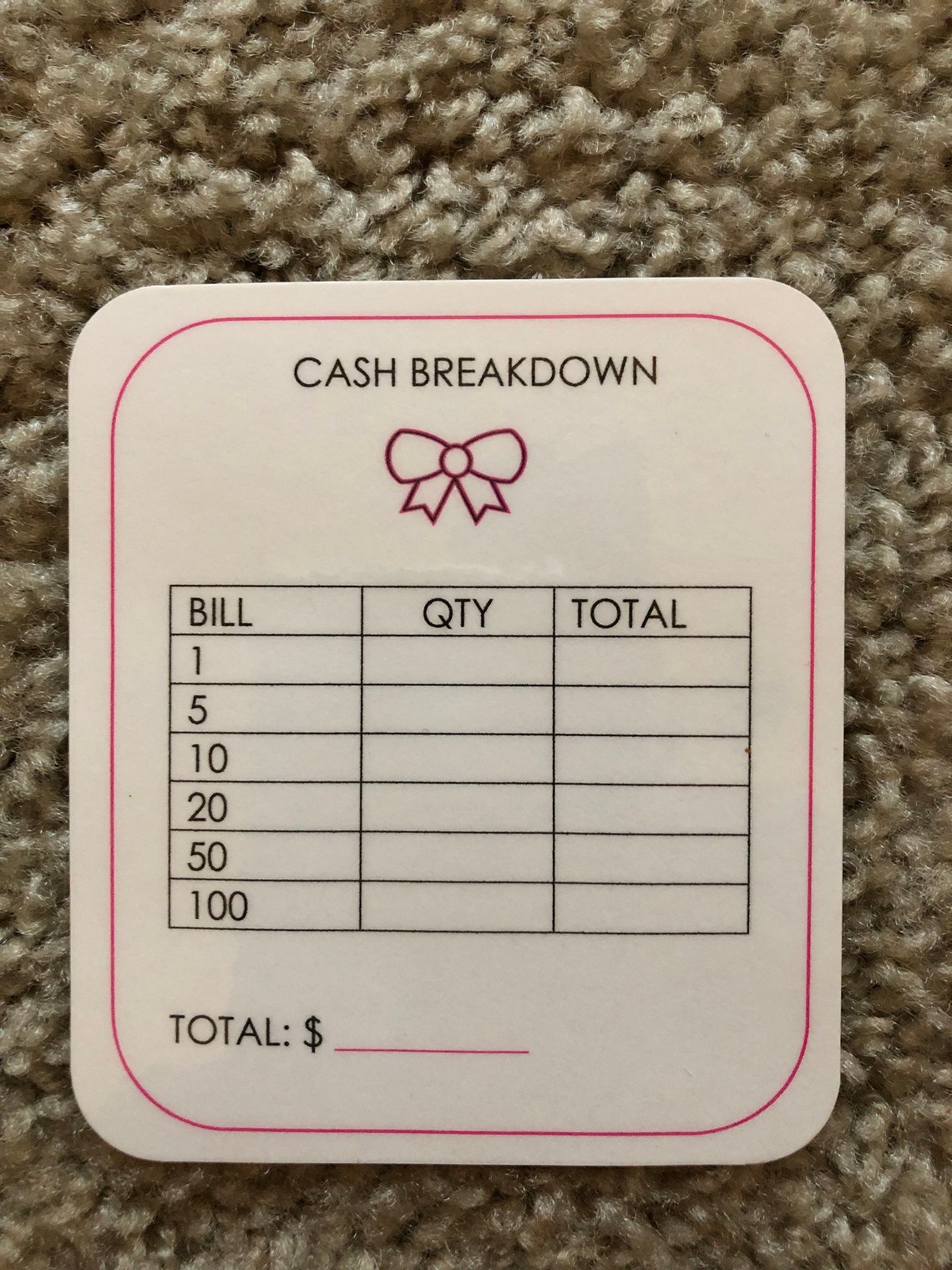 Laminated Cash Breakdown Card - Etsy