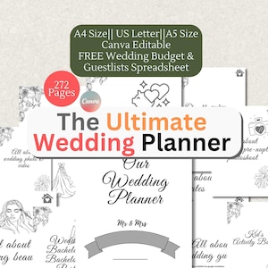 Könnte beinhalten: Ein druckbarer Hochzeitsplaner mit 272 Seiten. Das Cover zeigt eine Schwarzweißillustration eines Brautpaares mit dem Text "The Ultimate Wedding Planner".