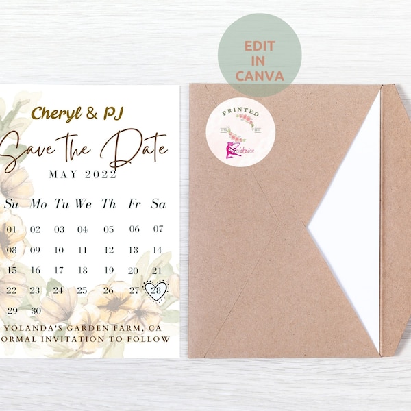 Calendar Save The Date Wedding Template, Bee Yellow Floral Calendar Bridesmaid Proposal Card Save Our Date Postcard Personalize Template