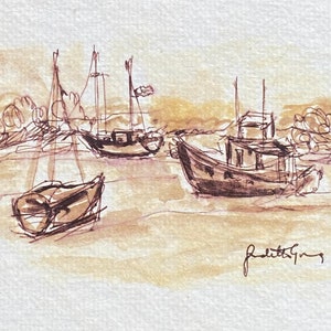 May include: Watercolor sketch of a harbor scene with three boats. The boats are in various sizes and styles, with masts and cabins. The artwork is in shades of brown and tan, with a signature in the bottom right corner. The style is loose and impressionistic.
