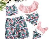 Off Shoulder Crop top Swimwear Woman Girl Vignette Plant Trunks Dad Son Swimwear Family Holiday Swimwear