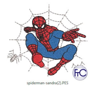 May include: Red and blue Spiderman cartoon character in a web with a spider on the side. The image is a digital embroidery design file.