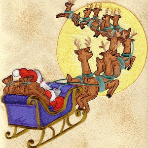 May include: A vintage-style illustration of Santa Claus riding in a sleigh pulled by reindeer. The reindeer are brown and have antlers. Santa is wearing a red suit with white trim and a white beard. The sleigh is blue and gold and has a bag of gifts in the back.