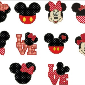 May include: A set of nine embroidered patches featuring Mickey Mouse and Minnie Mouse in various poses. The patches are red, black, and white with polka dots. The patches include the word "LOVE" in red and white checkered fabric.