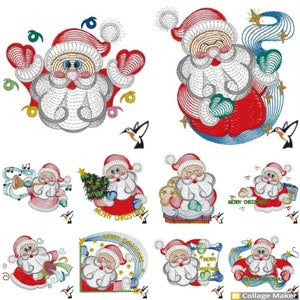 May include: A set of 10 colorful embroidery designs featuring Santa Claus in various poses. The designs include Santa with a Christmas tree, Santa with a gift bag, Santa with a trumpet, and Santa with a scroll. The designs are perfect for adding a festive touch to your holiday projects.
