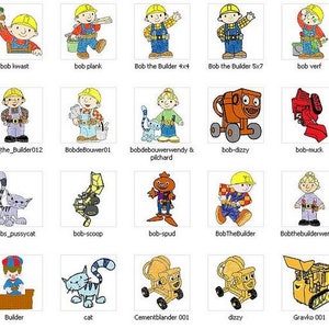 May include: A collection of colourful embroidered patches featuring characters and vehicles from the children's television show Bob the Builder. The patches include Bob, Scoop, Dizzy, Muck, and Wendy.