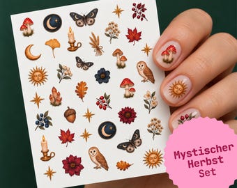 Nagelsticker Mystic Autumn | Mystischer Herbst Nail Sticker | Sonne Mond Eule Nägel | Boho Herbstmagie | 40 Aufkleber pro Bogen | Aufkleber