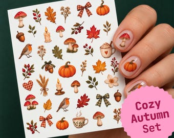 Nagelsticker Cozy Autumn | Herbst Nail Sticker | Kürbis Pilz Nägel | Gemütlicher Herbst | 45 Aufkleber pro Bogen | Rotkehlchen Deko Nailart