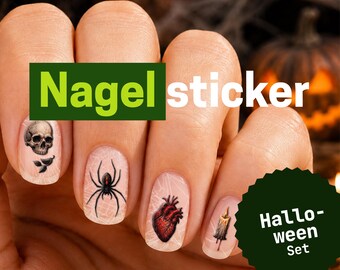 Op de afbeelding: Nagelstickers met Halloween-thema op vingernagels. De stickers bevatten een grijze schedel, een zwarte spin, een rood anatomisch hart en een brandende kaars. De achtergrond van elke nagel heeft een vaag wit spinnenwebpatroon.