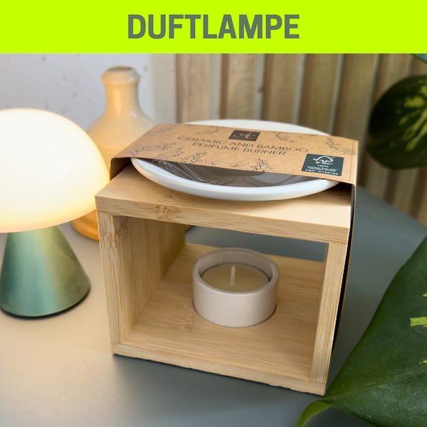 Duftlampe, Duftölbrenner für Wachsmelts | Bambus & Keramik | Raumduft, Ätherisches Öl, Räucherstövchen, Aroma-Diffusor, Kerze