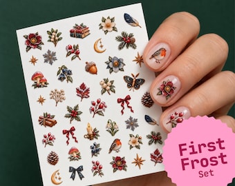 Nagelsticker First Frost | Winter Nail Sticker | Rotkehlchen Schneeflocke Nägel | Herbstlich-Winterlich | 43 Aufkleber pro Bogen | Nailart