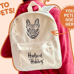 Mochila personalizada de lona natural con cara de mascota / Bolsa personalizada para fotos de perros y gatos / Retrato de mascota dibujado a mano / Hasta 2 mascotas / Regalo personalizado para mascotas /