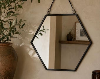 Black Hanging Hexagon Wall Mirror Metal Chain Geometric Modern Vintage Framed Gift Present Mother's Day Gift Thank You Gift
