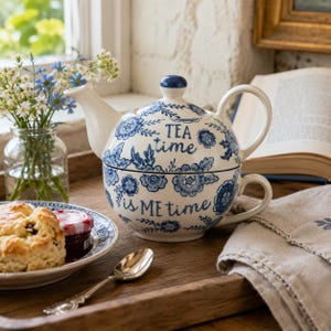Op de afbeelding: Een wit keramieken theeservies voor één persoon met een blauw bloemenpatroon. De theepot staat op een bijpassende theekop. De tekst "TEA time" staat op de theepot en "is ME time" op de kop in een donkerblauw cursief lettertype.