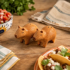 May include: Two brown capybara-shaped ceramic shakers with textured fur details, small ears, and closed eyes. Each figure features small holes on the top for dispensing seasoning, standing on four short legs in a realistic animal form.