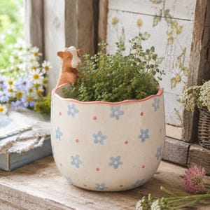 May include: A white ceramic planter with a scalloped rim, decorated with a pattern of small light blue flowers and tiny orange dots. A small brown and white animal figurine is attached to the inner rim, and the pot contains a green plant.