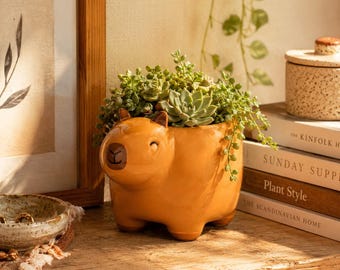 Pot de fleurs capybara en céramique, mignon et décoratif, idéal pour les plantes succulentes et les cactus. Un cadeau tendance pour les amoureux des plantes, dans un style bohème chaleureux.