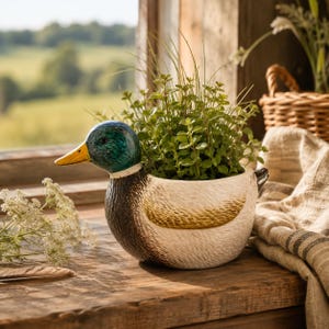 May include: A ceramic duck-shaped planter featuring a glossy green head, a yellow beak, and a textured white and brown body. The duck is filled with a lush green plant, with the opening for the plant located on the back of the duck's body.