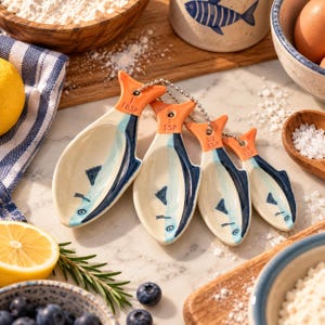 Pode incluir: Um conjunto de quatro colheres medidoras de cerâmica em forma de peixe, ligadas por uma corrente de metal. As colheres são de cor creme com detalhes em azul e laranja, marcadas com 1 TBSP, 1 TSP, 1/2 TSP e 1/4 TSP em texto laranja.