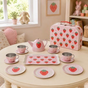 Cute Strawberry Tin Tea Set with Carrying Case | Kawaii Berry Pretend Play Toy | Childrens Tea Party Set | Pink Playground Birthday Gift