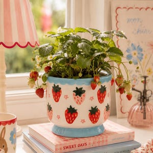 Könnte beinhalten: Ein weißer Keramikübertopf mit gewelltem hellblauem Rand und Fuß, verziert mit einem wiederkehrenden Muster aus roten und rosa Erdbeeren sowie kleinen rosa Blüten. Eine Erdbeerpflanze mit grünen Blättern und kleinen roten Beeren steht darin.