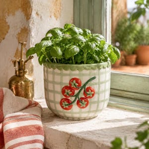Puede incluir: Una maceta de cerámica con un patrón de cuadros en verde claro y blanco, que presenta un diseño en relieve tridimensional de una rama con cuatro tomates rojos. La maceta contiene una planta de albahaca verde, frondosa y vibrante.