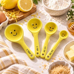 Op de afbeelding: Een set van vier felgele keramische maatlepels met zwarte smileygezichtjes in de kommen. De handvatten zijn voorzien van de zwarte tekst 1 TBSP, 1 TSP, 1/2 TSP en 1/4 TSP. Elke lepel heeft een klein gaatje aan het uiteinde van het handvat.