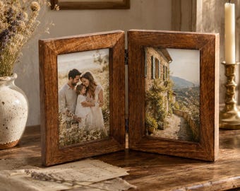 Marco de fotos doble independiente plegable de 4 x 6 pulgadas, madera de mango oscuro, estilo rústico, para familia, amigos, collage, recuerdos, regalo, madera maciza.