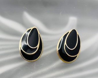 Vintage Earrings, Gold and Black Enamel