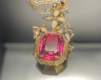 Pink Sapphire Glass Stone in Gold Plate, Floral Design, 1920s, Antique