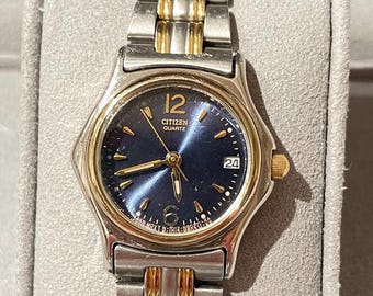 Vintage Citizen Watch, Blue Watch Face, Mixed Metal, Working, Battery Operated, Cleaned and Sealed.