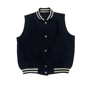 May include: A black sleeveless button-up vest with white striped trim around the collar and bottom hem. The vest has two pockets and is made of a soft, textured fabric.