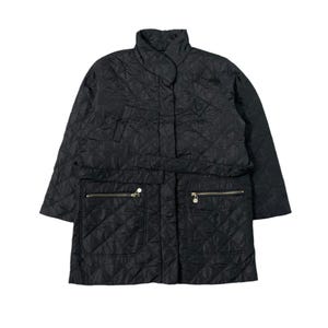 May include: A black quilted jacket with a high collar, a belt, and two zippered pockets.
