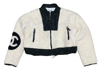 Vintage Chanel Sherpa Cropped Jacke Großes Logo
