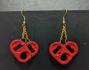 Heart Soda Can Tabs Upcycled Earrings - zero waste recycled aluminum eco friendly jewelry - red soda can pop tab