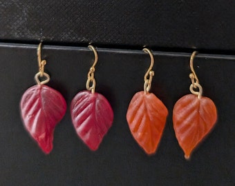Small Red / Orange Leaf Dangle Earrings