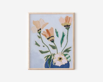 Bouquet Art Print, Blue Pastel Wall Art, Poppies Wall Art, Spring Flowers Print, Pink and Orange Wall Art Print, Floral Wall Art
