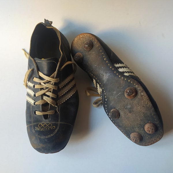 Vintage Antique Football Shoes / Leather Foosball boots / Olympic games Caxtofine / Black Soccer Cleats