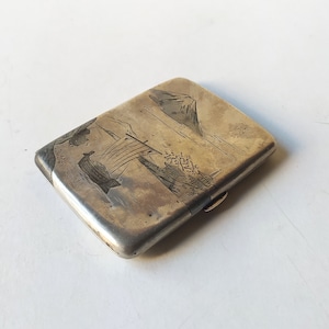 Portasigarette antico in argento sterling giapponese inciso, monte Fujiyama / scatola marcata e firmata / accessori per fumatori 950 Giappone