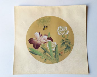 Vintage Chinese original painting on fabric butterfly and flowers / signed / made in China