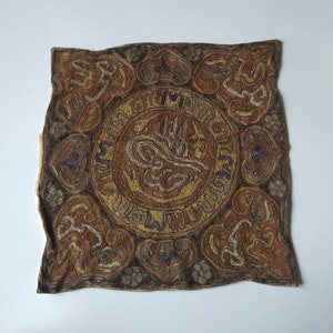 Antique Ottoman Tughra gold thread embroidery pillow case / hand embroidered decorative pillow / metallic thread / wall hanging textile