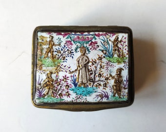 Antique German gilded enamel snuff Box /  European gilt metal mounted, Gold Plated hand painted Jewel case made in Germany, relief figures