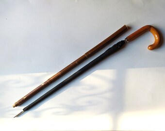 2 in 1 Vintage umbrella and walking stick cane / folding case parasol / old